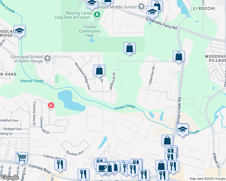 map of restaurants, bars, coffee shops, grocery stores, and more near 3538 Brookmeade Drive in Baton Rouge