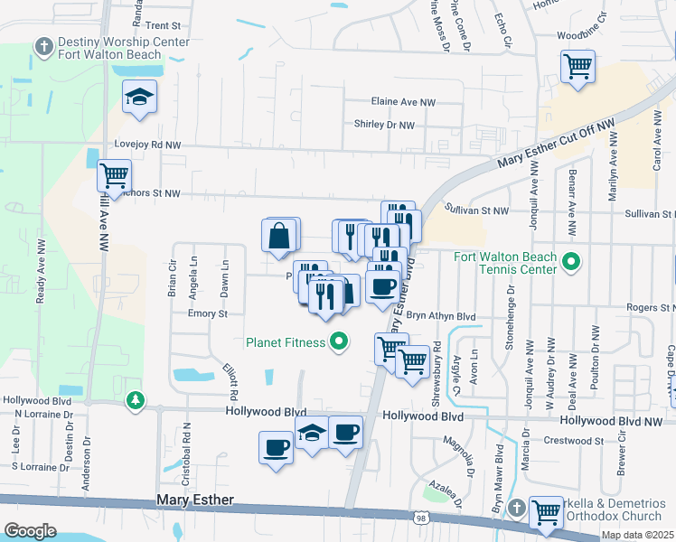map of restaurants, bars, coffee shops, grocery stores, and more near 49 Ruby Circle in Mary Esther
