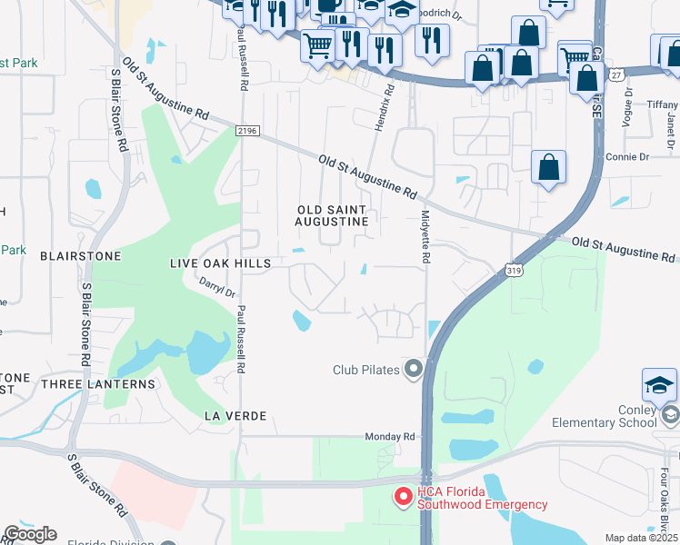 map of restaurants, bars, coffee shops, grocery stores, and more near 1567 Pine View Drive in Tallahassee