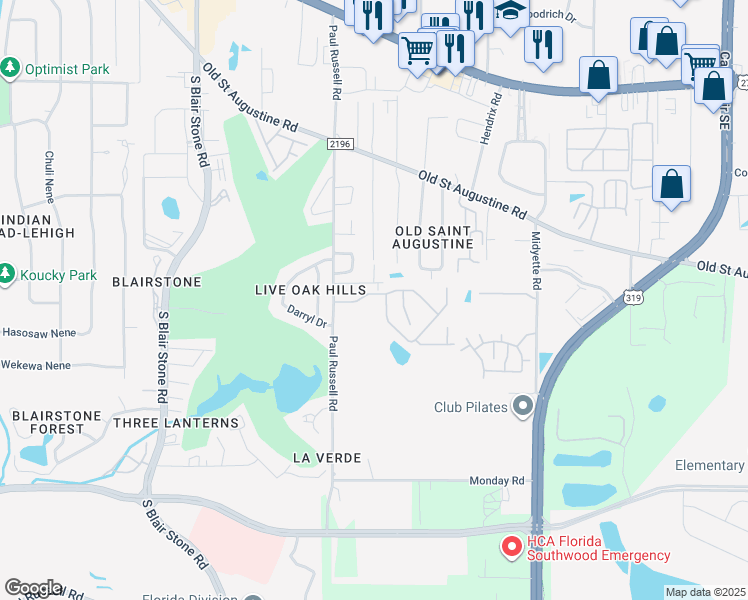 map of restaurants, bars, coffee shops, grocery stores, and more near 1579 Live Oak Drive in Tallahassee