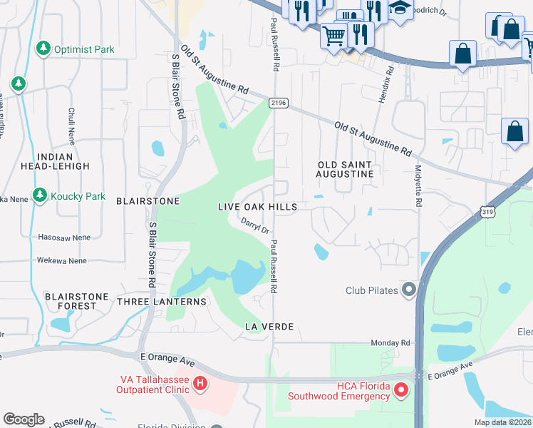 map of restaurants, bars, coffee shops, grocery stores, and more near 1560 Jacks Drive in Tallahassee