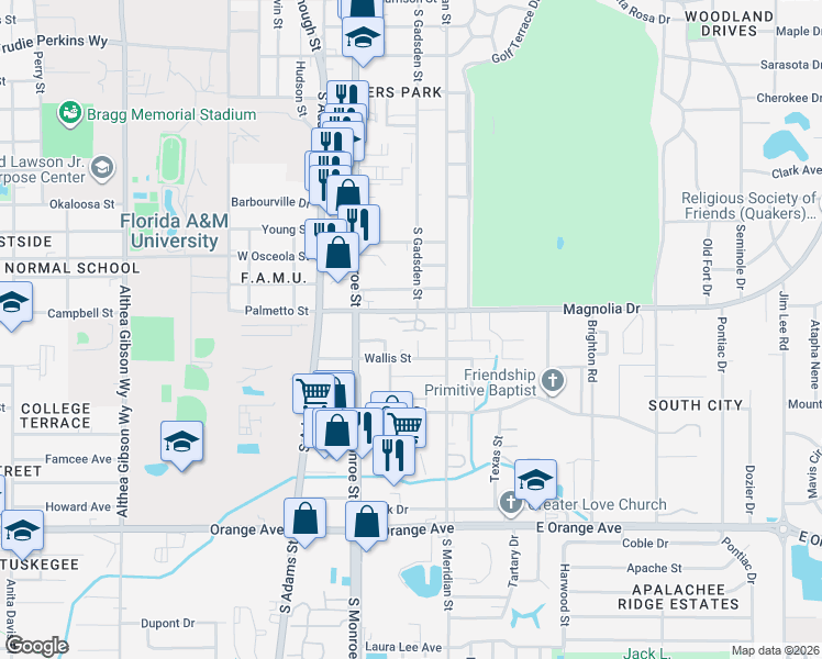 map of restaurants, bars, coffee shops, grocery stores, and more near 2031 South Monroe Street in Tallahassee