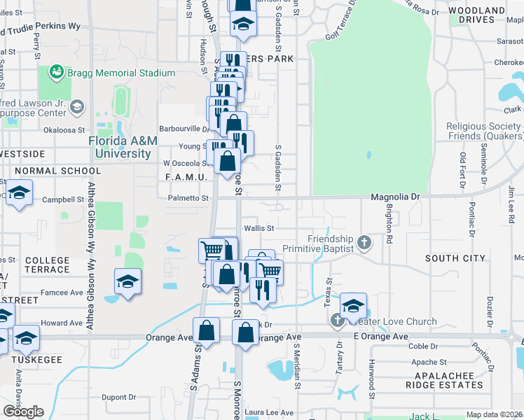 map of restaurants, bars, coffee shops, grocery stores, and more near 2031 South Monroe Street in Tallahassee