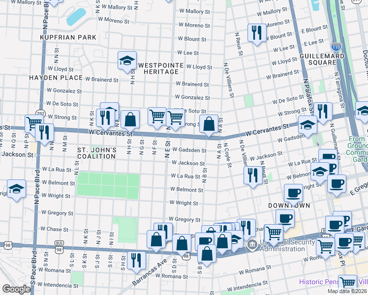 map of restaurants, bars, coffee shops, grocery stores, and more near 719 North C Street in Pensacola