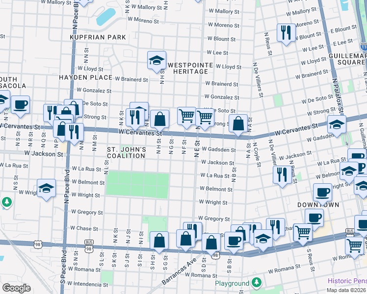 map of restaurants, bars, coffee shops, grocery stores, and more near 714 North F Street in Pensacola