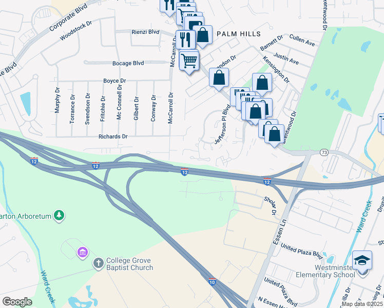 map of restaurants, bars, coffee shops, grocery stores, and more near 7798 Richards Drive in Baton Rouge