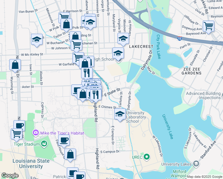 map of restaurants, bars, coffee shops, grocery stores, and more near 3000 July Street in Baton Rouge
