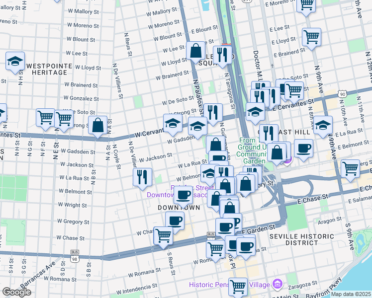 map of restaurants, bars, coffee shops, grocery stores, and more near 104 West Jackson Street in Pensacola