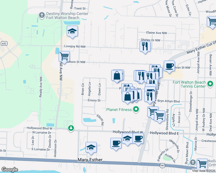 map of restaurants, bars, coffee shops, grocery stores, and more near 560 Brian Circle in Mary Esther