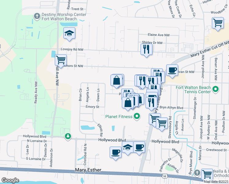 map of restaurants, bars, coffee shops, grocery stores, and more near 243 Kathy Court in Mary Esther