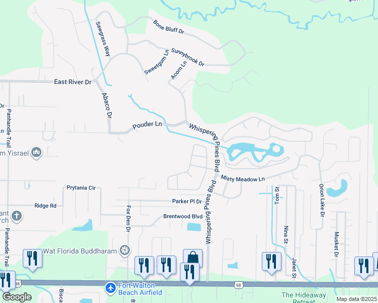 map of restaurants, bars, coffee shops, grocery stores, and more near 2439 Heritage Circle in Navarre