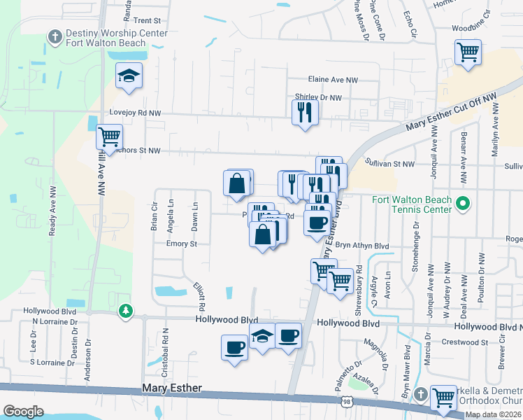 map of restaurants, bars, coffee shops, grocery stores, and more near 31 Ruby Circle in Mary Esther