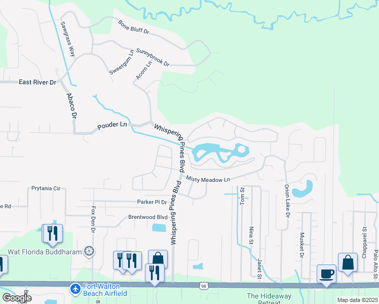map of restaurants, bars, coffee shops, grocery stores, and more near 9608 Leeward Way in Gulf Breeze