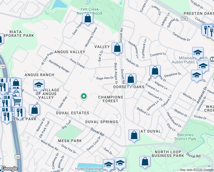 map of restaurants, bars, coffee shops, grocery stores, and more near 4903 Sage Hen Drive in Austin