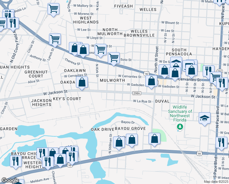 map of restaurants, bars, coffee shops, grocery stores, and more near 601 North Wentworth Street in Pensacola