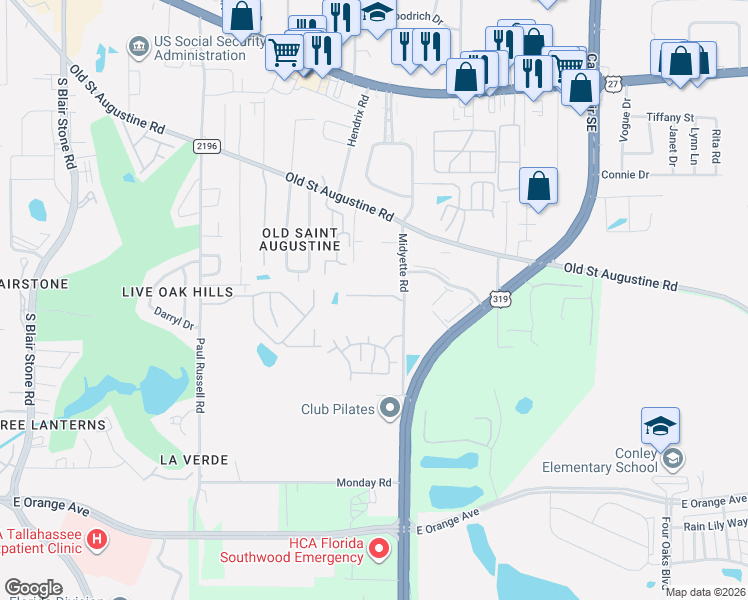 map of restaurants, bars, coffee shops, grocery stores, and more near 2014 Midyette Road in Tallahassee