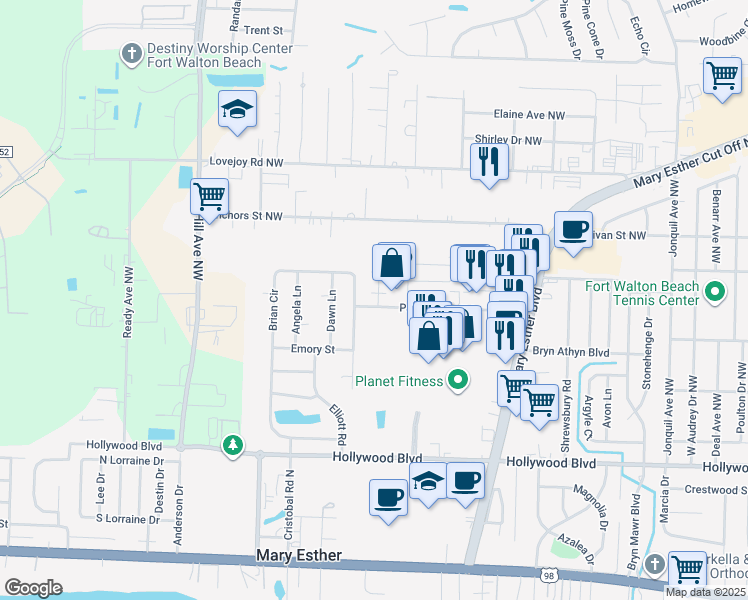 map of restaurants, bars, coffee shops, grocery stores, and more near 201 Kathy Court in Mary Esther