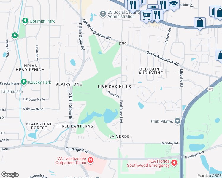 map of restaurants, bars, coffee shops, grocery stores, and more near 1913 Jacks Court in Tallahassee