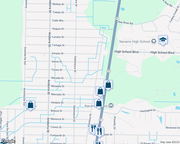 map of restaurants, bars, coffee shops, grocery stores, and more near 8393 Tavira Street in Navarre