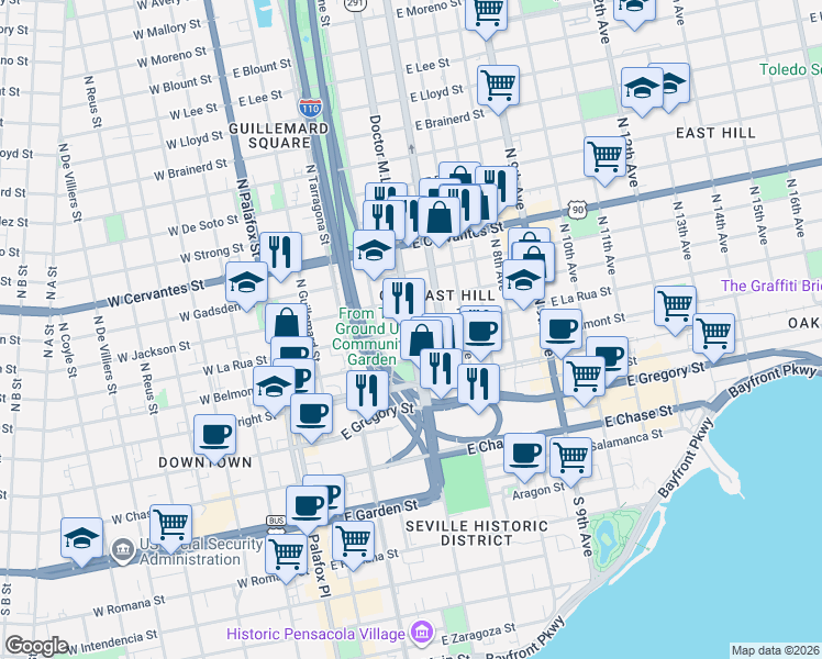 map of restaurants, bars, coffee shops, grocery stores, and more near 422 North Alcaniz Street in Pensacola