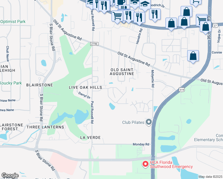 map of restaurants, bars, coffee shops, grocery stores, and more near 1575 Paul Russell Road in Tallahassee