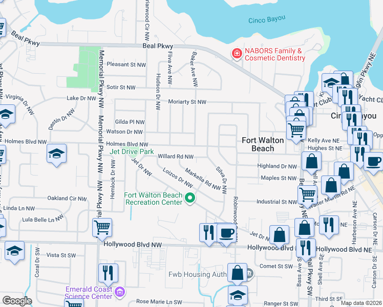 map of restaurants, bars, coffee shops, grocery stores, and more near 124 Holmes Boulevard Northwest in Fort Walton Beach
