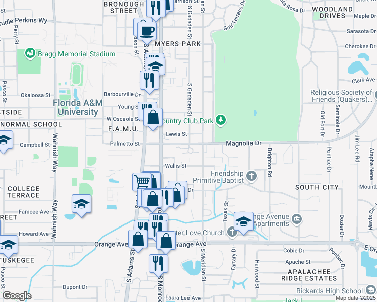 map of restaurants, bars, coffee shops, grocery stores, and more near 2031 South Monroe Street in Tallahassee