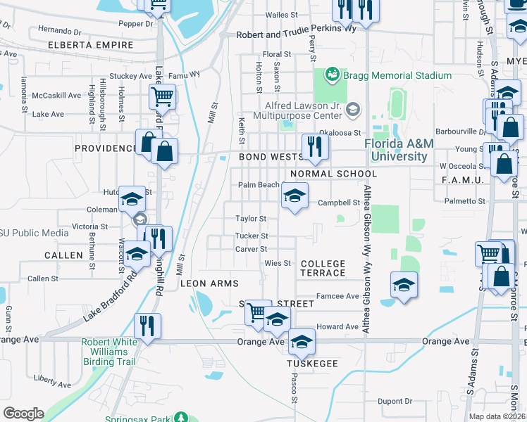 map of restaurants, bars, coffee shops, grocery stores, and more near 812 Campbell Street in Tallahassee