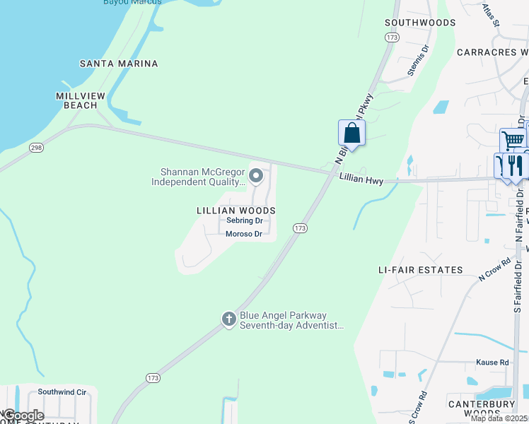 map of restaurants, bars, coffee shops, grocery stores, and more near 1449 Roebling Tr in Pensacola