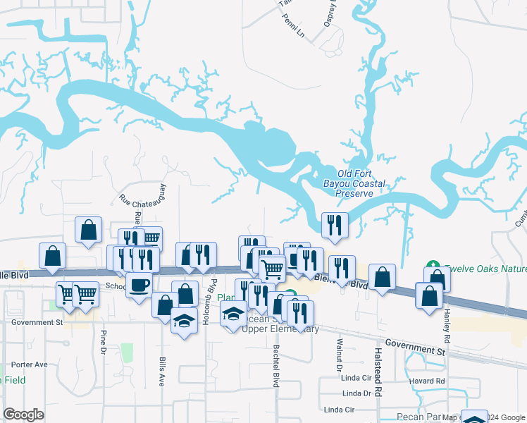 map of restaurants, bars, coffee shops, grocery stores, and more near 698 Camellia Pointe Boulevard in Ocean Springs