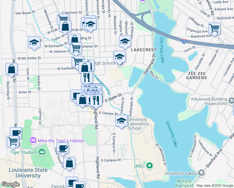 map of restaurants, bars, coffee shops, grocery stores, and more near 3033 July Street in Baton Rouge
