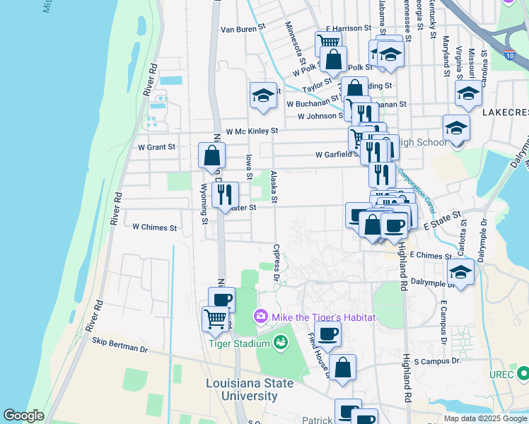 map of restaurants, bars, coffee shops, grocery stores, and more near 744 Aster Street in Baton Rouge