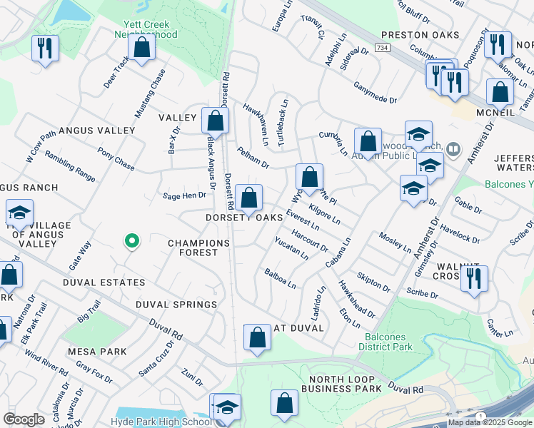 map of restaurants, bars, coffee shops, grocery stores, and more near 4512 Everest Lane in Austin