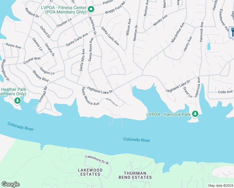 map of restaurants, bars, coffee shops, grocery stores, and more near 21013 Highland Lake Drive in Lago Vista