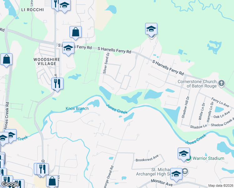map of restaurants, bars, coffee shops, grocery stores, and more near 3418 Timber Grove Drive in Baton Rouge