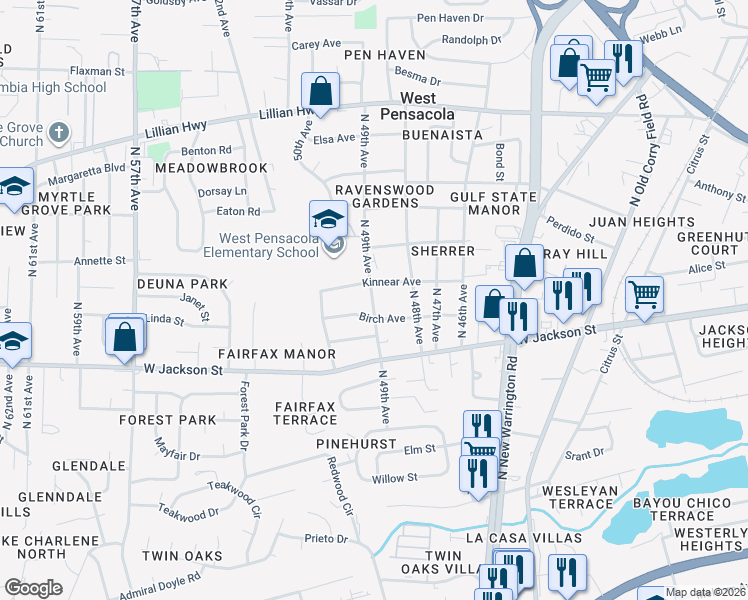 map of restaurants, bars, coffee shops, grocery stores, and more near 712 North 49th Avenue in Pensacola