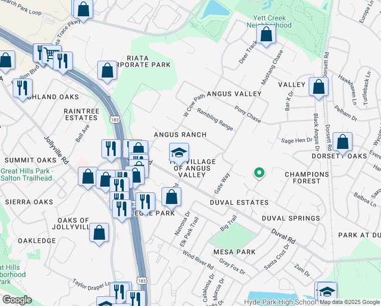 map of restaurants, bars, coffee shops, grocery stores, and more near 5214 Duval Road in Austin