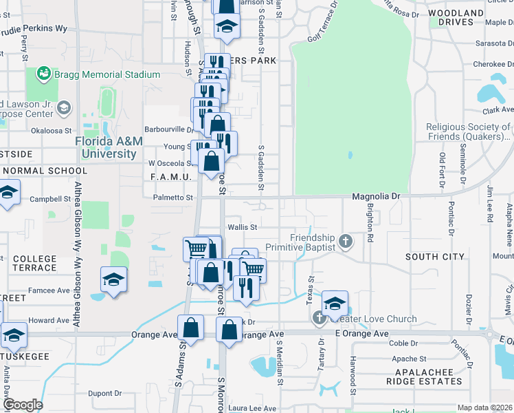 map of restaurants, bars, coffee shops, grocery stores, and more near 2213 Magnolia Circle in Tallahassee