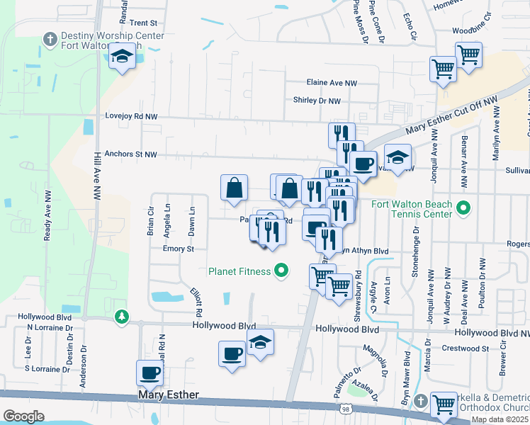 map of restaurants, bars, coffee shops, grocery stores, and more near 260 Oxford Court in Mary Esther