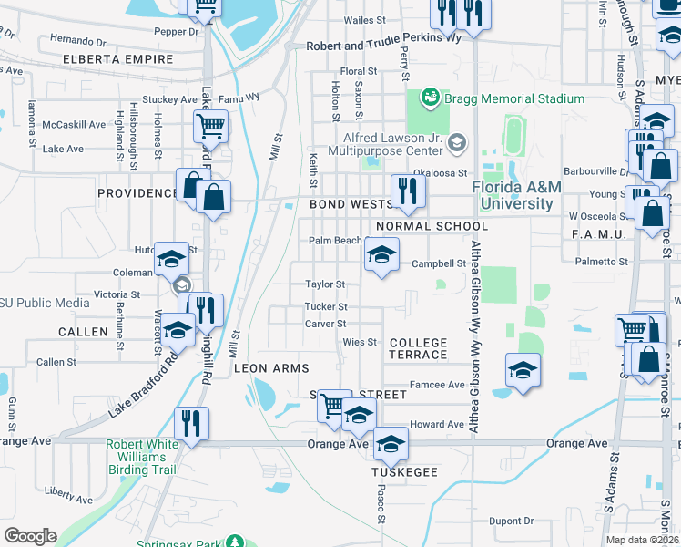 map of restaurants, bars, coffee shops, grocery stores, and more near 812 Campbell Street in Tallahassee