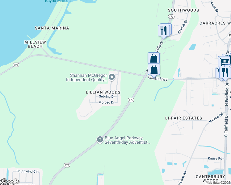 map of restaurants, bars, coffee shops, grocery stores, and more near 1449 Roebling Tr in Pensacola