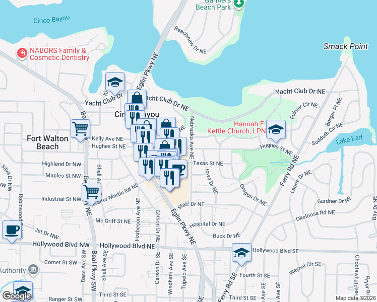 map of restaurants, bars, coffee shops, grocery stores, and more near 122 Hughes Street Northeast in Fort Walton Beach