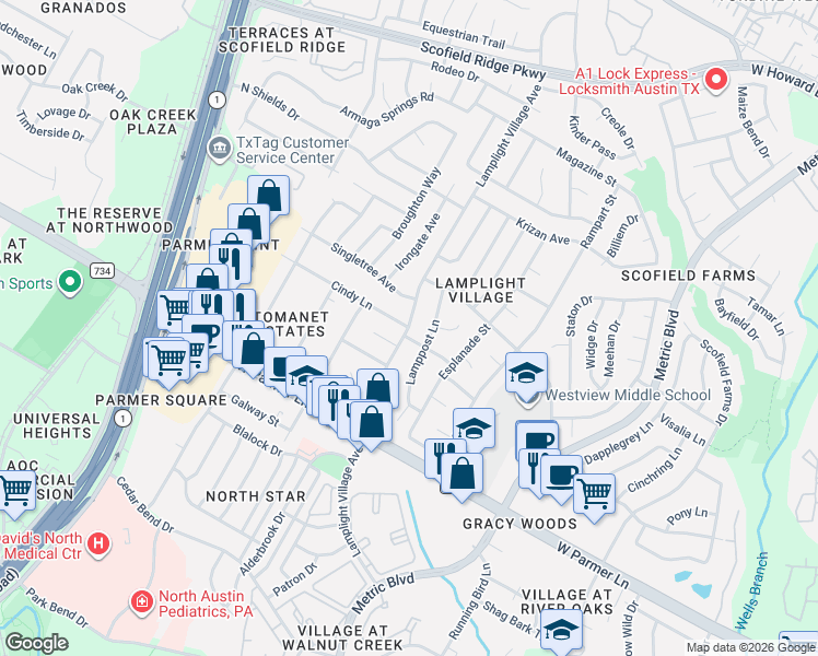 map of restaurants, bars, coffee shops, grocery stores, and more near Lamplight Village Ave & Cindy Ln in Austin