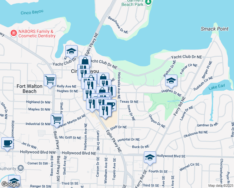 map of restaurants, bars, coffee shops, grocery stores, and more near 115 Hughes Street Northeast in Fort Walton Beach