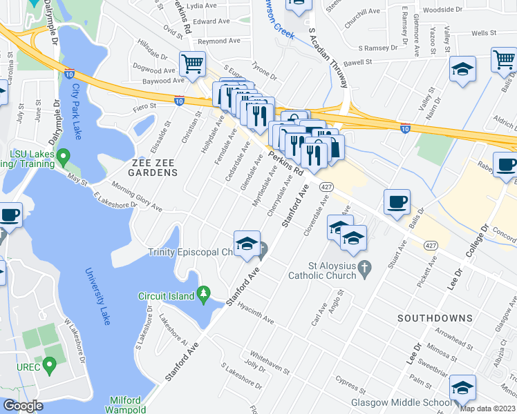 map of restaurants, bars, coffee shops, grocery stores, and more near 2068 Myrtledale Avenue in Baton Rouge