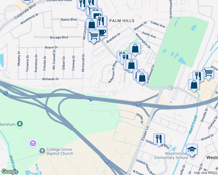 map of restaurants, bars, coffee shops, grocery stores, and more near 7844 Jefferson Place Boulevard in Baton Rouge