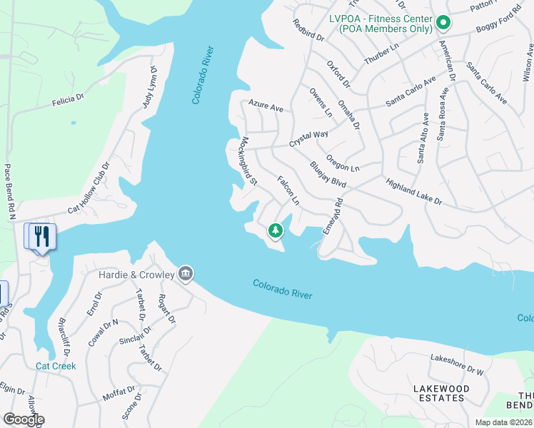 map of restaurants, bars, coffee shops, grocery stores, and more near 21714 Heather Drive in Lago Vista