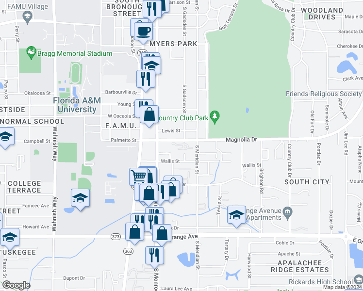 map of restaurants, bars, coffee shops, grocery stores, and more near 2031 South Monroe Street in Tallahassee