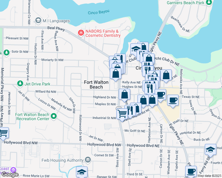 map of restaurants, bars, coffee shops, grocery stores, and more near 105 Alabama Avenue Northwest in Fort Walton Beach