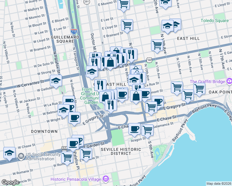 map of restaurants, bars, coffee shops, grocery stores, and more near 500 North Davis Highway in Pensacola